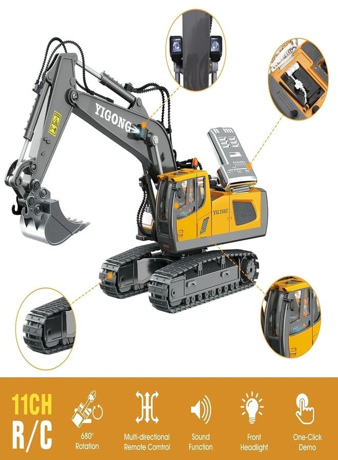 Junona Remote Control Excavator Toy, 11CH RC Construction Truck with Metal Shovel, Lights, Sounds and Turns 680 Degree. Christmas Birthday Present, Gift for Boys 3 4 5 6 7 8 9 10 11 12 13 Year Old - Image 2